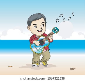 The young man plays the guitar. Cartoon carrying ground Draw hands free.