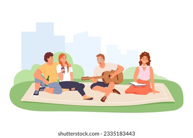 Young man plays guitar, singing with friends outside. Summer leisure in park. Calm and active recreation of young people. Friends had picnic. Flat vector illustration in cartoon style