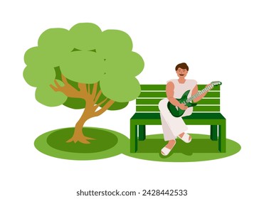 Un joven toca la guitarra, se sienta en un banco del parque cerca de un árbol en el verano. Recreación, pasatiempo, tocar un instrumento musical. Ilustración de dibujos animados vectoriales.