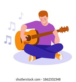 The young man plays the guitar. Vector illustration in flat style. Isolated on white.