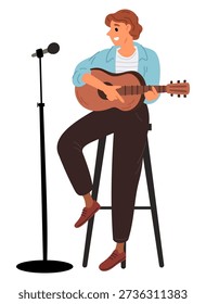 Young man plays guitar while sitting on tall wooden chair. Musician sings song into microphone. Stage performance. Musical acoustic instrument. Singers melody. Performers talent show. Vector concept