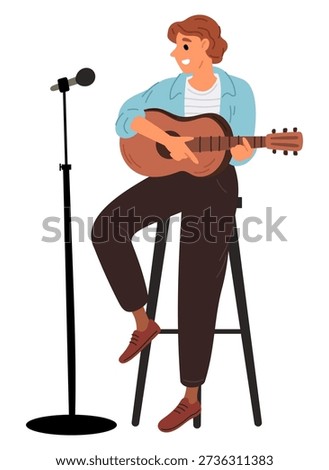 Young man plays guitar while sitting on tall wooden chair. Musician sings song into microphone. Stage performance. Musical acoustic instrument. Singers melody. Performers talent show. Vector concept