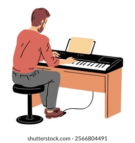 A young man plays the piano at home. Musical instrument. Hobby, creativity and entertainment. Music lesson. Flat vector art illustration