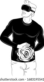 A young man plays with virtual reality glasses. Character creates a conjuring fireball.Flat continuous line cartoon character minimal illustration