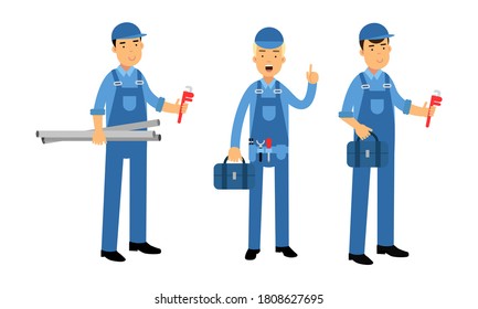 Young Man Plumber Wearing Blue Overall Holding Fixing Tool Vector Illustration Set.