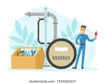 Young Man Plumber Wearing Blue Uniform Fixing Tubes and Pipe Lines Vector Illustration