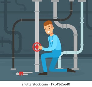 Young Man Plumber Wearing Blue Overall Fixing Tubes and Pipe Lines Vector Illustration