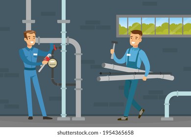 Young Man Plumber Wearing Blue Overall Fixing Tubes and Pipe Lines Vector Illustration