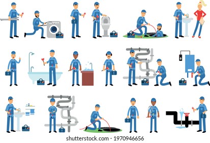 Young Man Plumber Wearing Blue Overall Fixing Tubes and Pipe Lines Vector Illustration Set