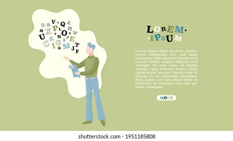 Young man poet standing and reading his poetry with flying letters. Literature poem corses landing page. World poetry day web banner template. Colored flat vector character illustration grain style.