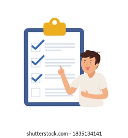 joven apuntar al formulario de lista de verificación del portapapeles