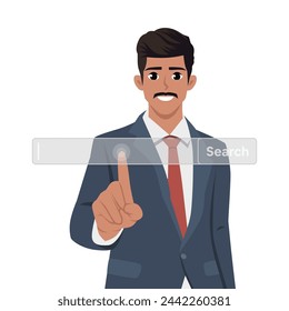 Joven apunta a la línea de búsqueda para navegar en línea. El hombre usa la barra de búsqueda en la navegación del Internet. Ilustración vectorial plana aislada sobre fondo blanco