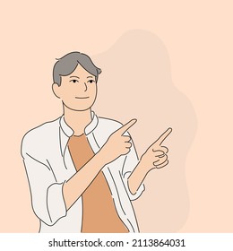 The young man pointed his finger at the empty space with a happy and amused face. Joyful man pointing finger at copy space. Hand drawn in thin line style, vector illustrations.

