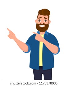 Young Man pointing away hands together and showing or presenting something while standing and smiling. Man pointing copy space. Emotion and body language concept in cartoon style vector illustration.