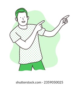 Young Man pointing away hands together and showing or presenting something while standing and smiling. Vector flat illustration