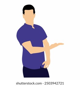 Young man pointing away hands and showing or presenting something while standing. Man pointing copy space. Emotion and body language concept. Flat vector illustration.