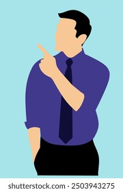 Young man pointing away hands and showing or presenting something while standing. Man pointing copy space. Emotion and body language concept. Flat vector illustration.