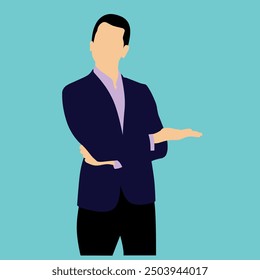 Young man pointing away hands and showing or presenting something while standing. Man pointing copy space. Emotion and body language concept. Flat vector illustration.