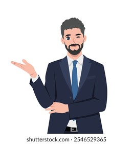 Young Man pointing away hands together and showing or presenting something. Flat Vector Character Isolated.