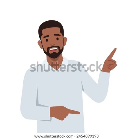 Young man pointing away hands together and showing or presenting something. Flat vector illustration isolated on white background