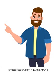 Young Man pointing away and showing or presenting something while standing and smiling. Man pointing copy space. Emotion and body language concept in cartoon style vector illustration.