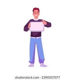 Young man pointing to blank space in his hands. Guy holding empty board and draw attention. Template for advertising. Isolated flat vector illustration on white background.