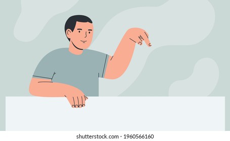 Young man pointing down finger. Cartoon colorful hand drawn vector illustration in flat style