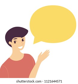 Young man pointing at empty speech bubble. Chat conversation, communication concept. Information note template. Copy space