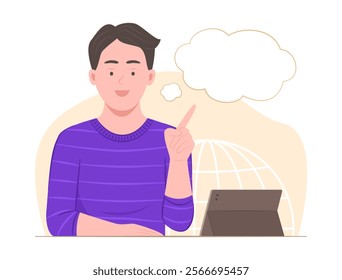 Young Man Pointing Empty Speech Bubble for Copy Space Concept Illustration