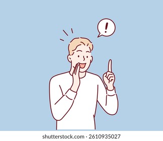 Young man Pointing to Exclamation Mark for Important Message. Hand drawn style vector design illustrations.