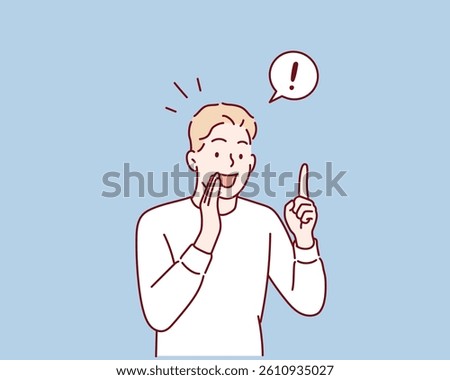 Young man Pointing to Exclamation Mark for Important Message. Hand drawn style vector design illustrations.