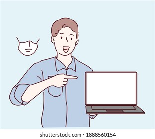 Hombre joven apuntando con el dedo a la computadora portátil de pantalla en blanco. Dibujado a mano en estilo de línea delgada, ilustraciones vectoriales. (Una máscara puede ser extraíble) 