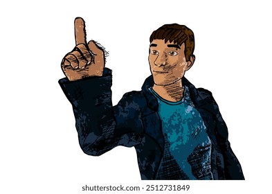 young man pointing finger up to show presenting white background line art cartoon drawing
