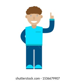 Young man pointing finger up. Vector drawing. Front view. Isolated object on a white background. Isolate.