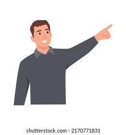 Young man pointing fingers away cartoon character . Flat vector illustration isolated on white background