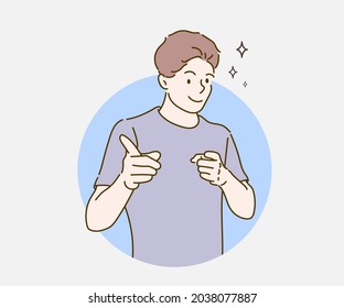 Young man pointing fingers to camera with happy and funny face. Hand drawn in thin line style, vector illustrations.