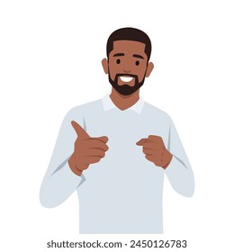 Young man pointing fingers to camera with happy and funny face. Flat vector illustration isolated on white background