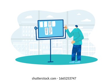 Young man pointing flipchart presentation and explaining diagram and notes.  Office worker giving a report near board. Vector flat illustration.