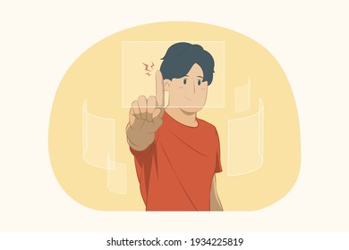 Joven señalando el concepto de pantalla virtual flotante