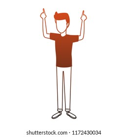 Young man pointing up with hands orange lines