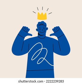 Young man pointing himself with both hands confident. Concept of positive self esteem. Colorful vector illustration
