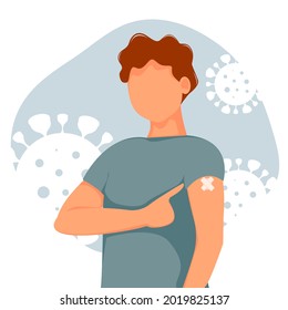 Junge Mann, der mit dem Finger auf die geimpfte Hand zeigt. Das Konzept der Gesundheit, die Verbreitung des Impfstoffs, Gesundheitsversorgung, Ruf der Bekämpfung von Coronavirus. Farbige Vektorgrafik im flachen Stil.