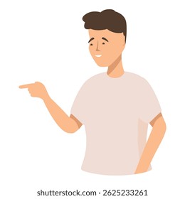 Young man pointing with his finger and smiling, showing something, indicating direction