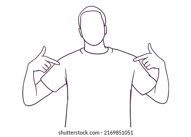 young man pointing his fingers on a blank t-shirt. hand drawn style vector illustration