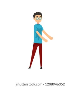 Young man pointing his hands to the side, male seller character vector Illustration on a white background