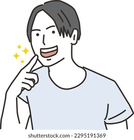 A young man pointing to his teeth (mouth)