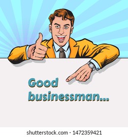 Young man pointing the message.Pop art retro vector illustration vintage kitsch.The image is separated on background.