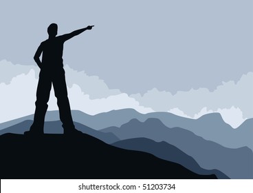 Young man pointing on mountain peak. vector illustration. Elements are layered separately.