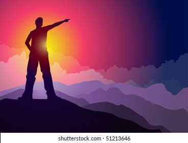 Young man pointing on mountain peak. vector illustration. Elements are layered separately.