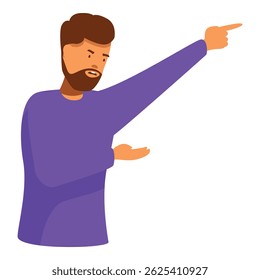 Young man is pointing with one hand and showing something with the other